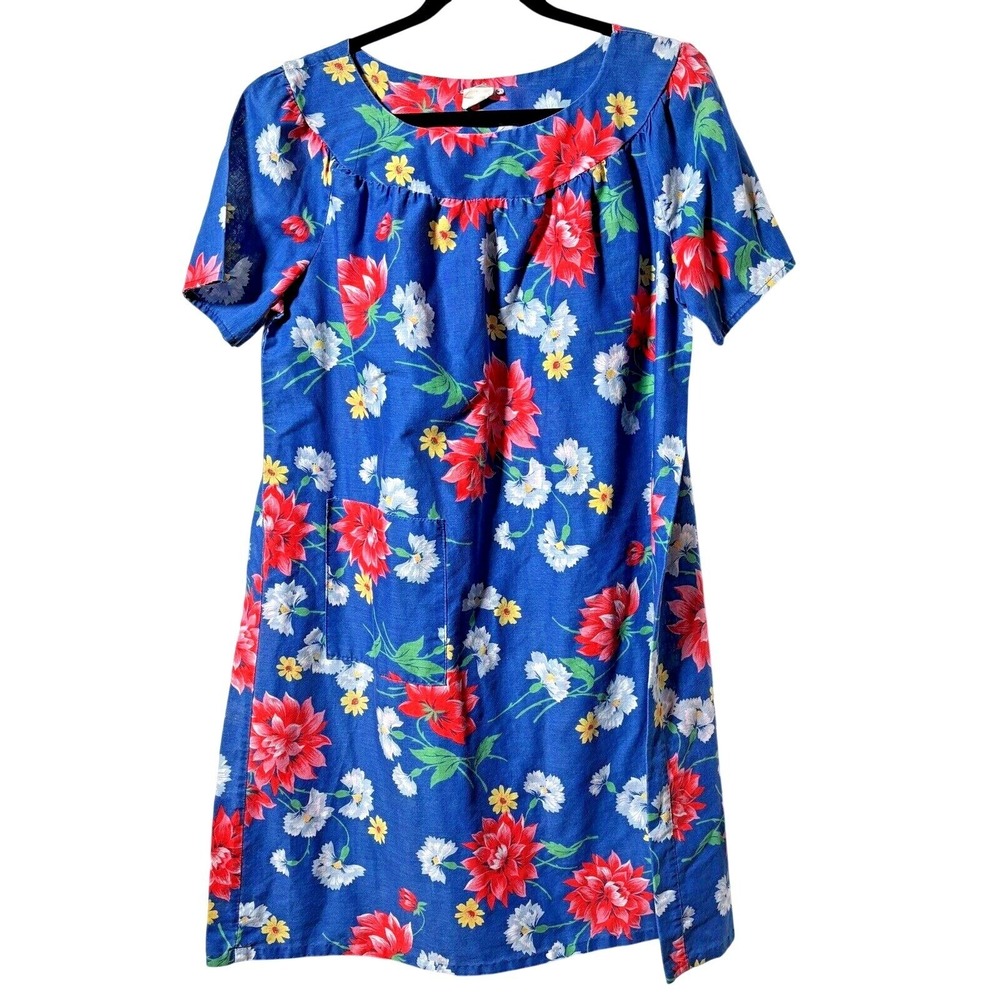 Vintage 70s Hedy Lin Casuals Hawaiian Shirt Dress Blue Floral Short Sleev‎